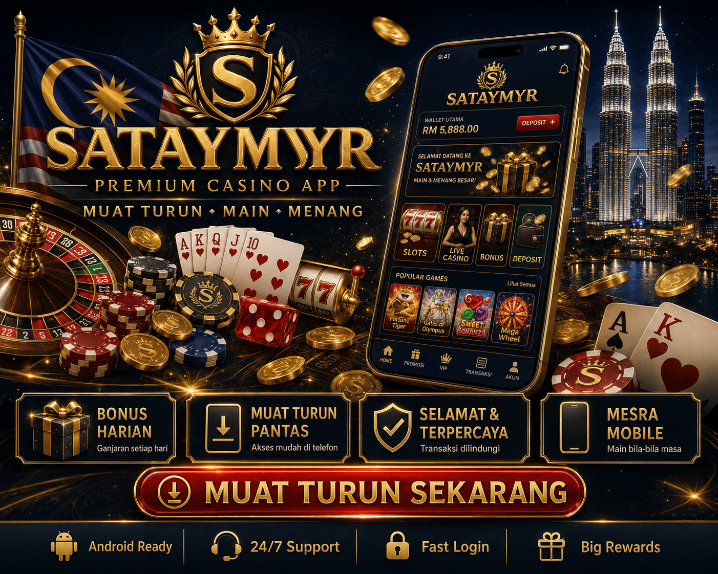 SATAYMYR - visual utama aplikasi mudah alih Adegan aplikasi mudah alih SATAYMYR dengan telefon Android, syiling, dan elemen antara muka permainan