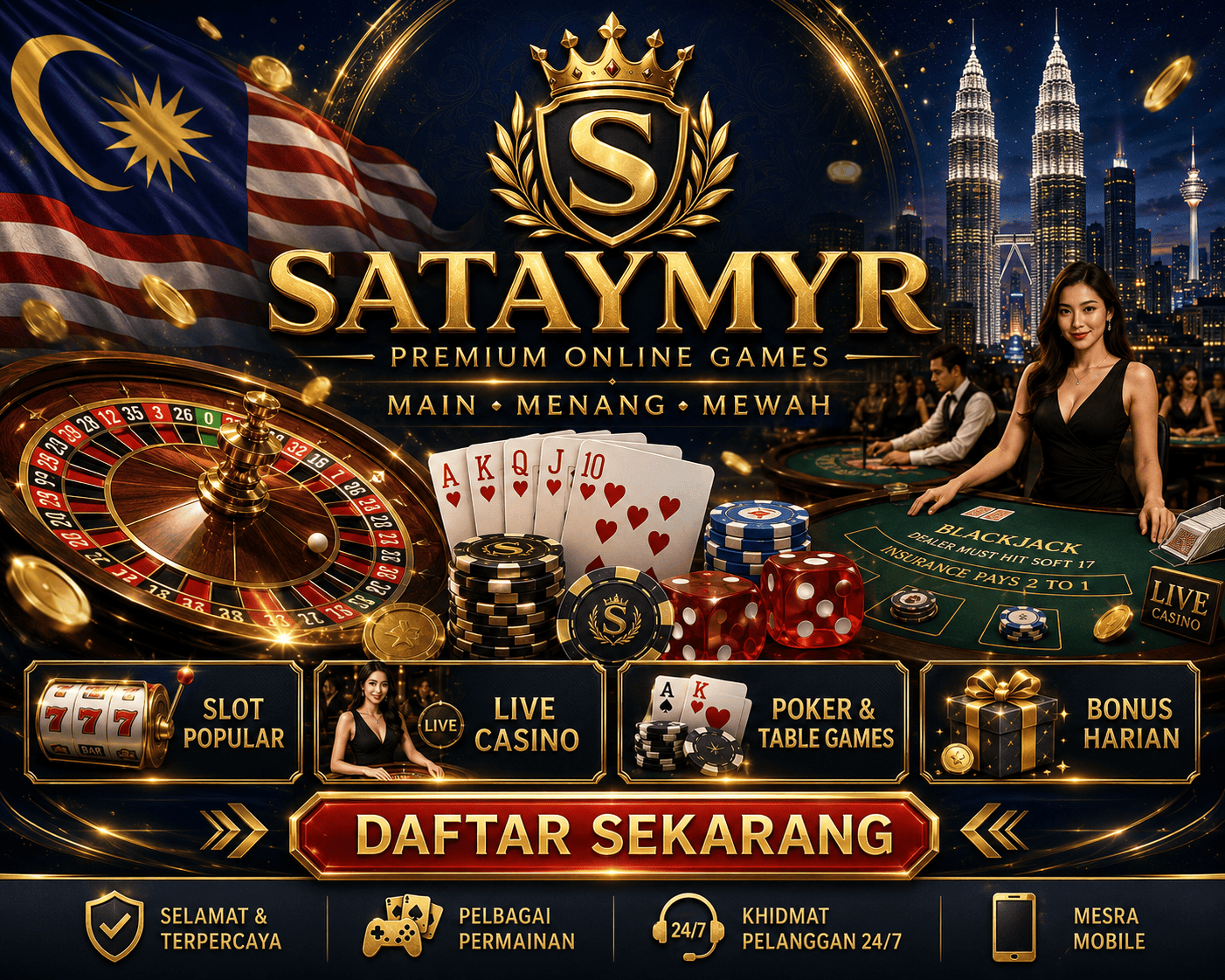 SATAYMYR - visual utama permainan dan meja live Adegan permainan SATAYMYR dengan meja live, kad, cip, dan simbol kasino