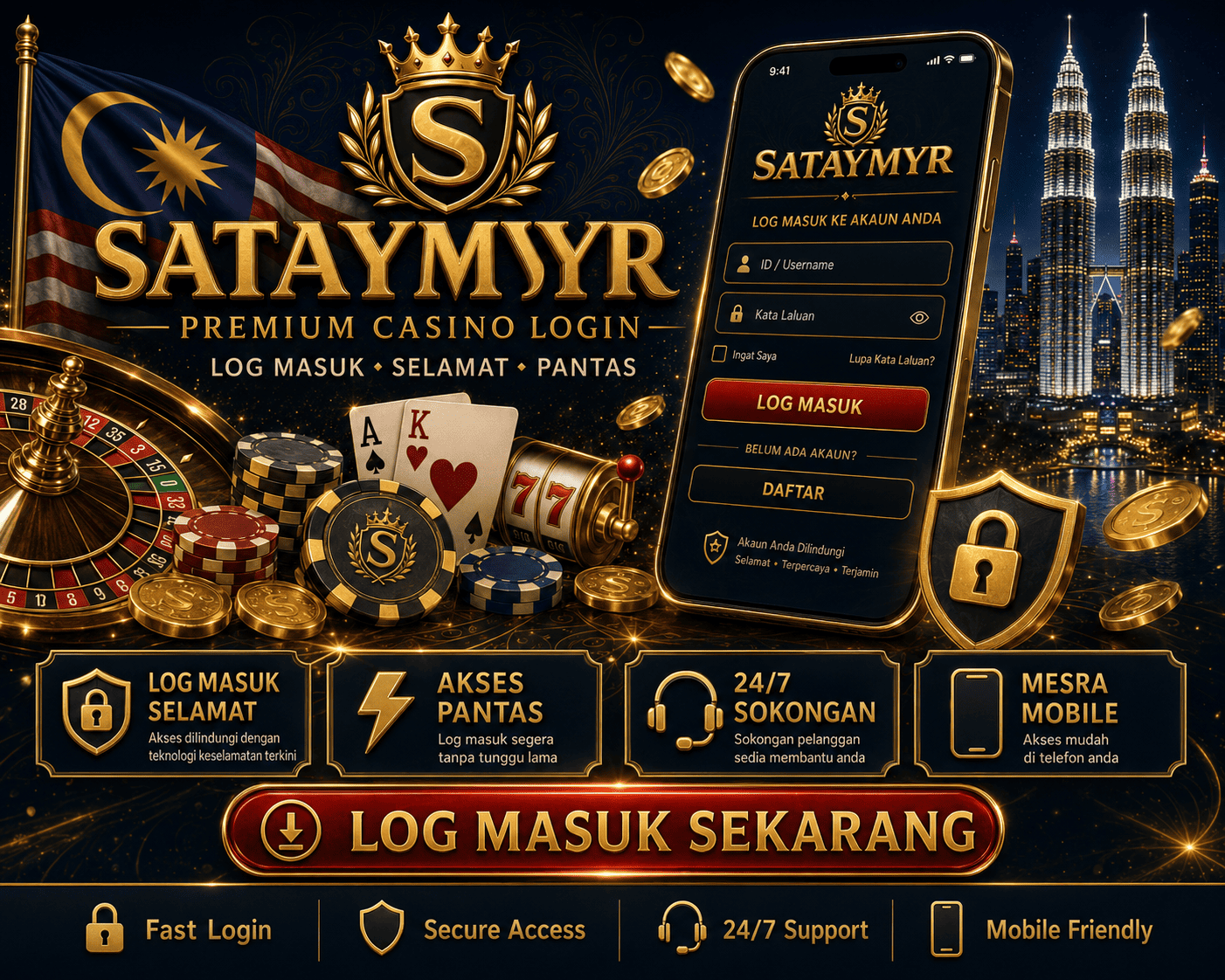 SATAYMYR - log masuk selamat dan akses akaun Skrin akses akaun SATAYMYR pada peranti mudah alih dengan elemen log masuk selamat