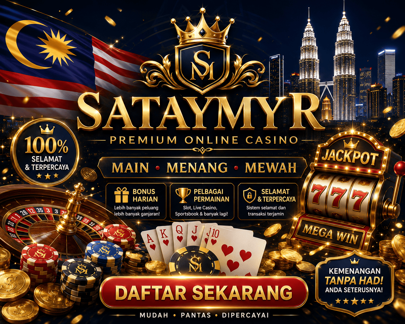 SATAYMYR - visual utama kasino mudah alih Adegan permainan mudah alih SATAYMYR dengan ikon kasino, syiling, dan elemen akses akaun
