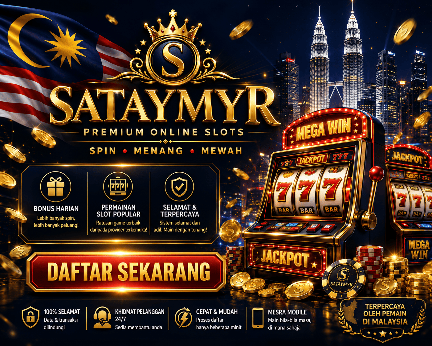 SATAYMYR - reel slot dan permainan mudah alih Reel slot SATAYMYR dengan syiling, simbol permainan, dan susun atur mudah alih